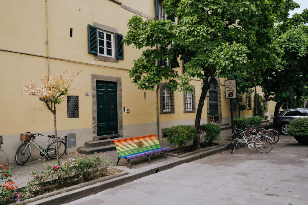 lucca-italy-bicycle-pride-bench-rainbow