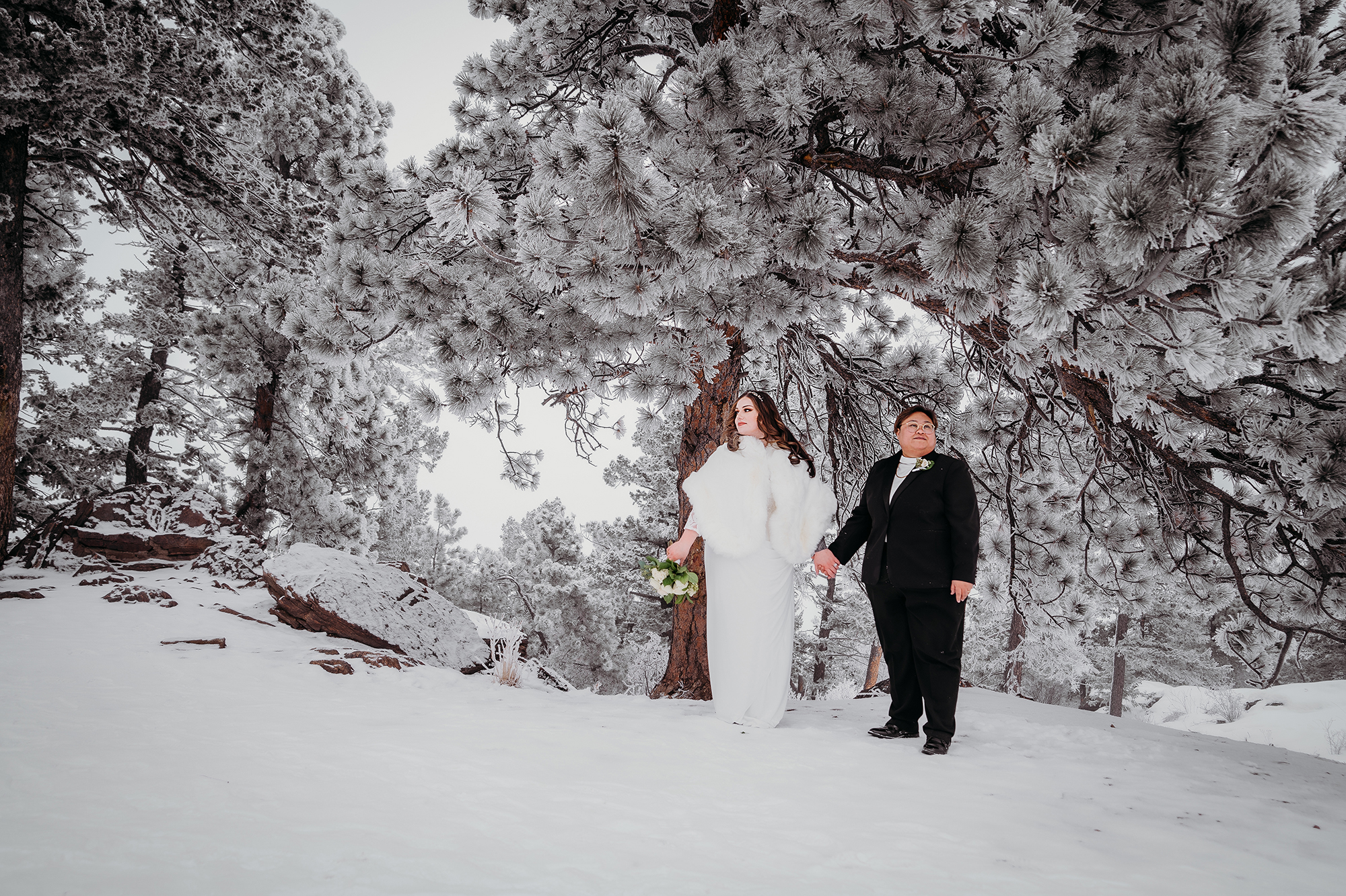 One bride in white fur and the other in a black suit hold hands under wintry pine trees in a photo by a Colorado elopement photographer