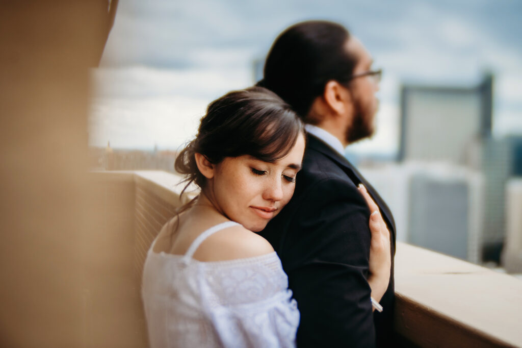 Denver elopement photographer captures couple hugging during bridal portraits
