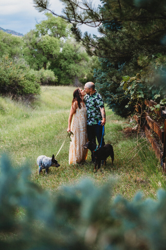 Denver wedding photographer captures couple walking dog and kissing during engagement session