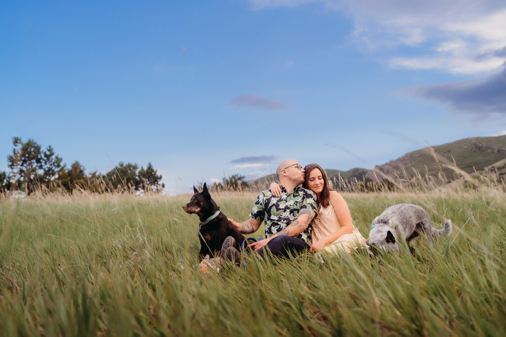 Denver wedding photographer captures couple with dogs in long grass with dogs
