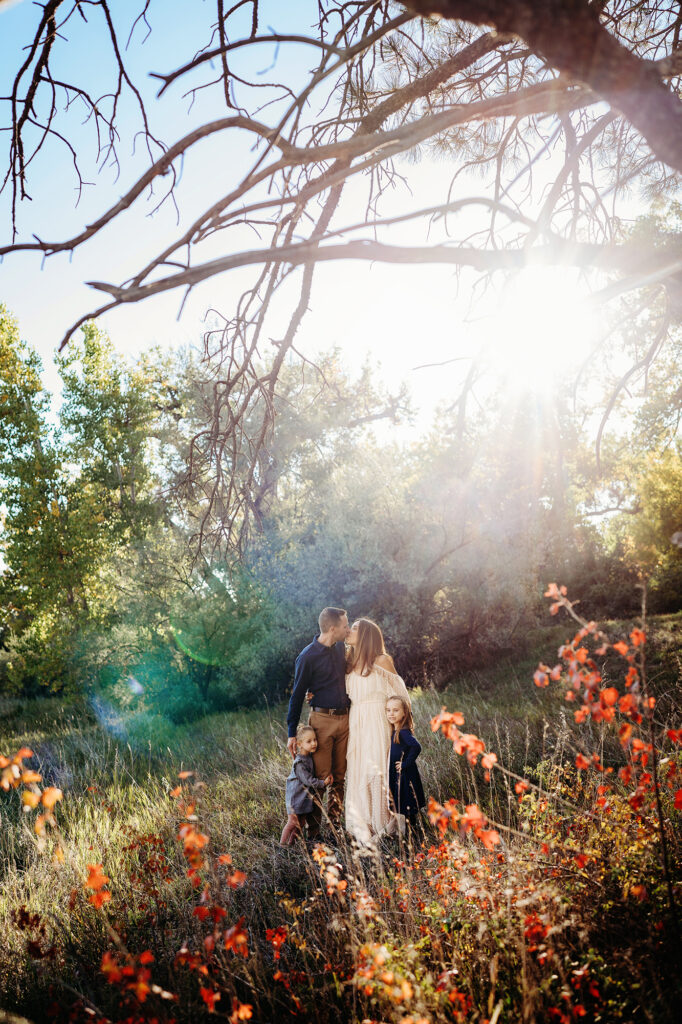 Denver family photographers capture couple kissing in wildflowers