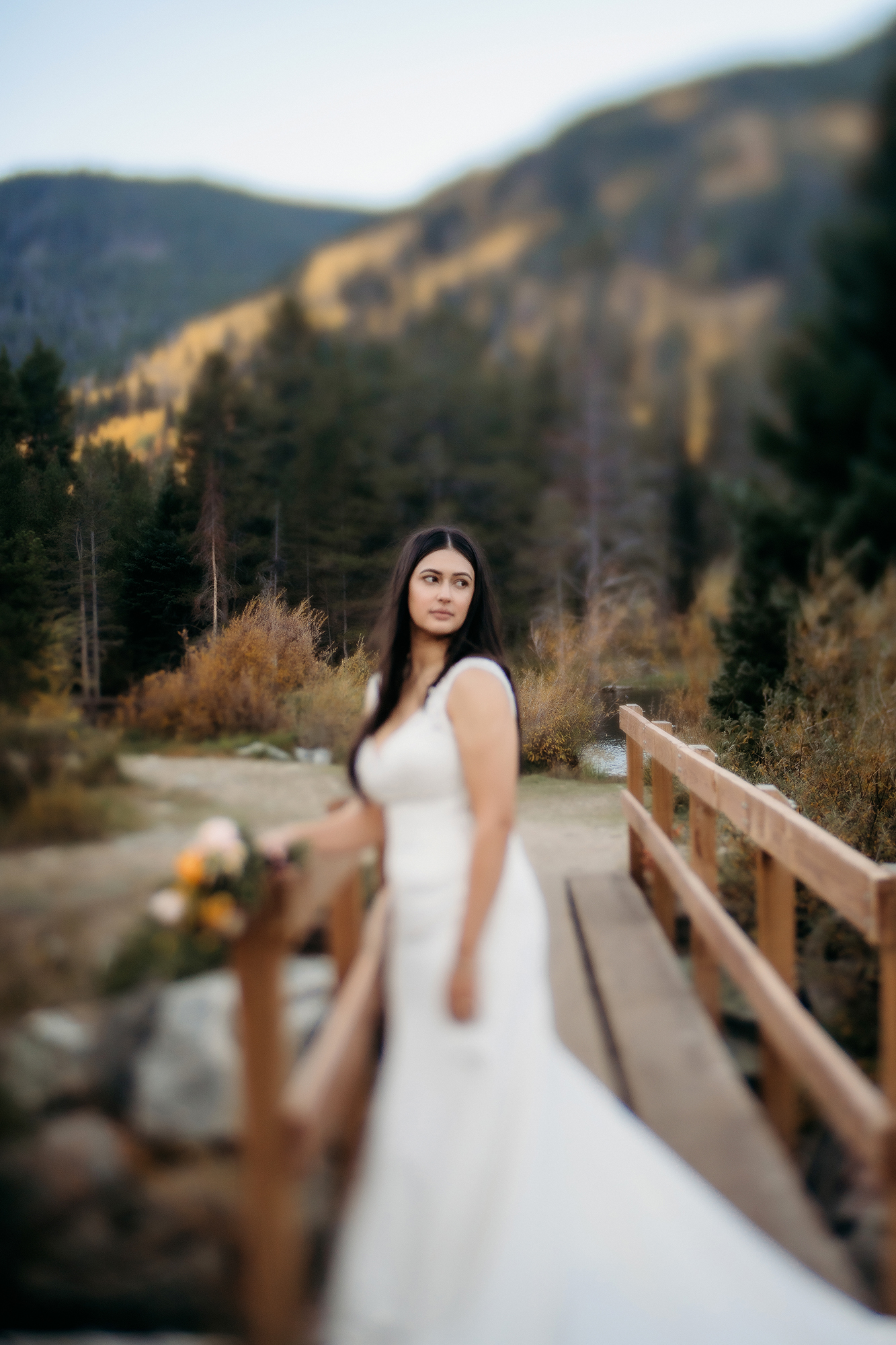 A bride poses gracefully on a wooden bridge in the mountains, her gown cascading behind her as golden light filters through the trees.