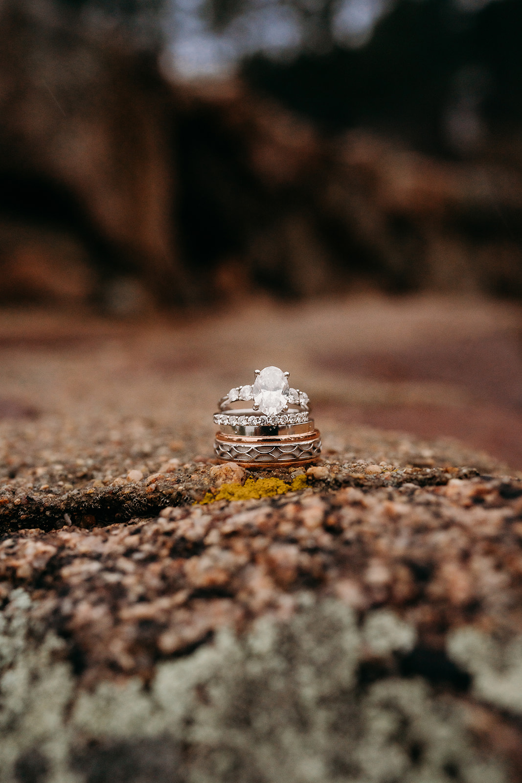 Close-up of wedding rings resting on a rock, a detail to consider when learning how to plan an elopement.