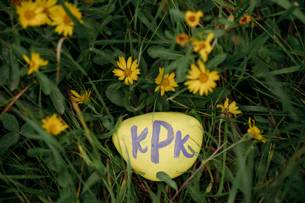A painted yellow rock reading “KPK” rests in a field of grass and yellow wildflowers—a personal detail from the intimate wedding.