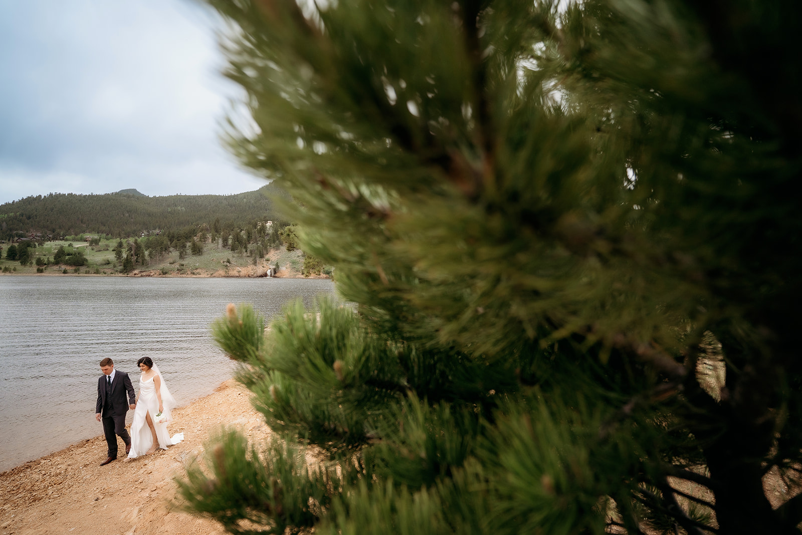 Couple walks hand in hand along the shoreline, captured through the branches of a pine tree after their lakeside ceremony.