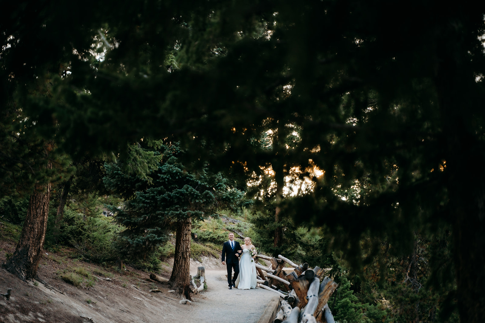 Bride and groom walking down a forested trail together, surrounded by pine trees and mountain views.