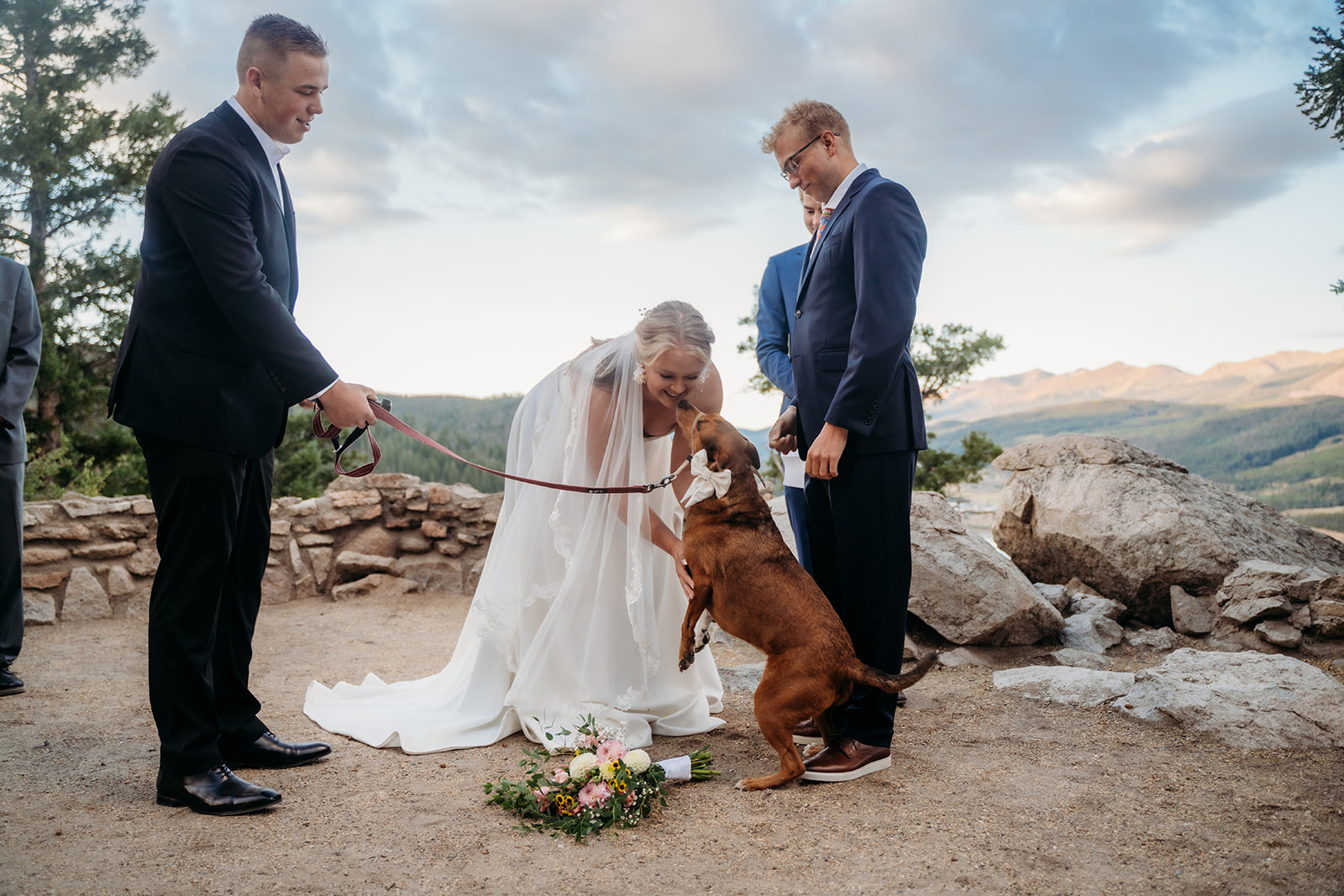 Bride laughing as the couple’s dog jumps up to greet her during their mountain elopement ceremony, bouquet on the ground nearby.