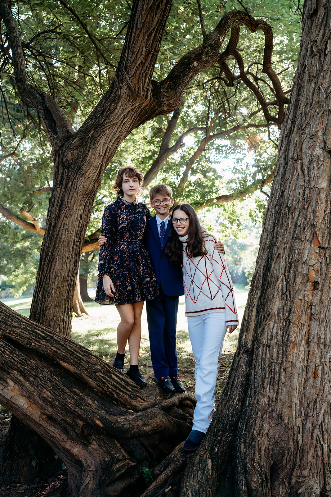 Three siblings smile from the branches of a large tree, sharing a playful moment during their annual family photos.
