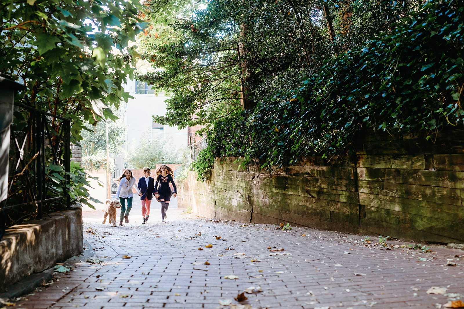 Wide-angle shot of the kids walking up a brick path with their dog, surrounded by trees and greenery in a quiet neighborhood.