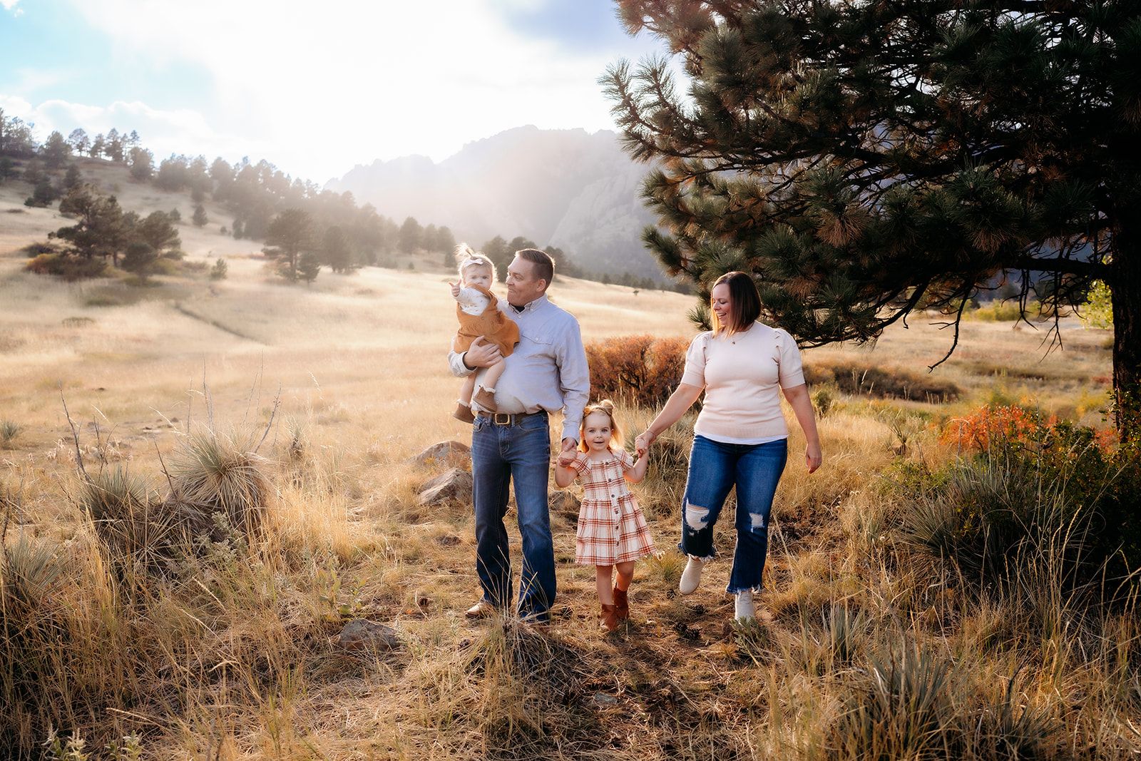 Family of four walking hand in hand through a sunlit Colorado meadow during family photos Denver.