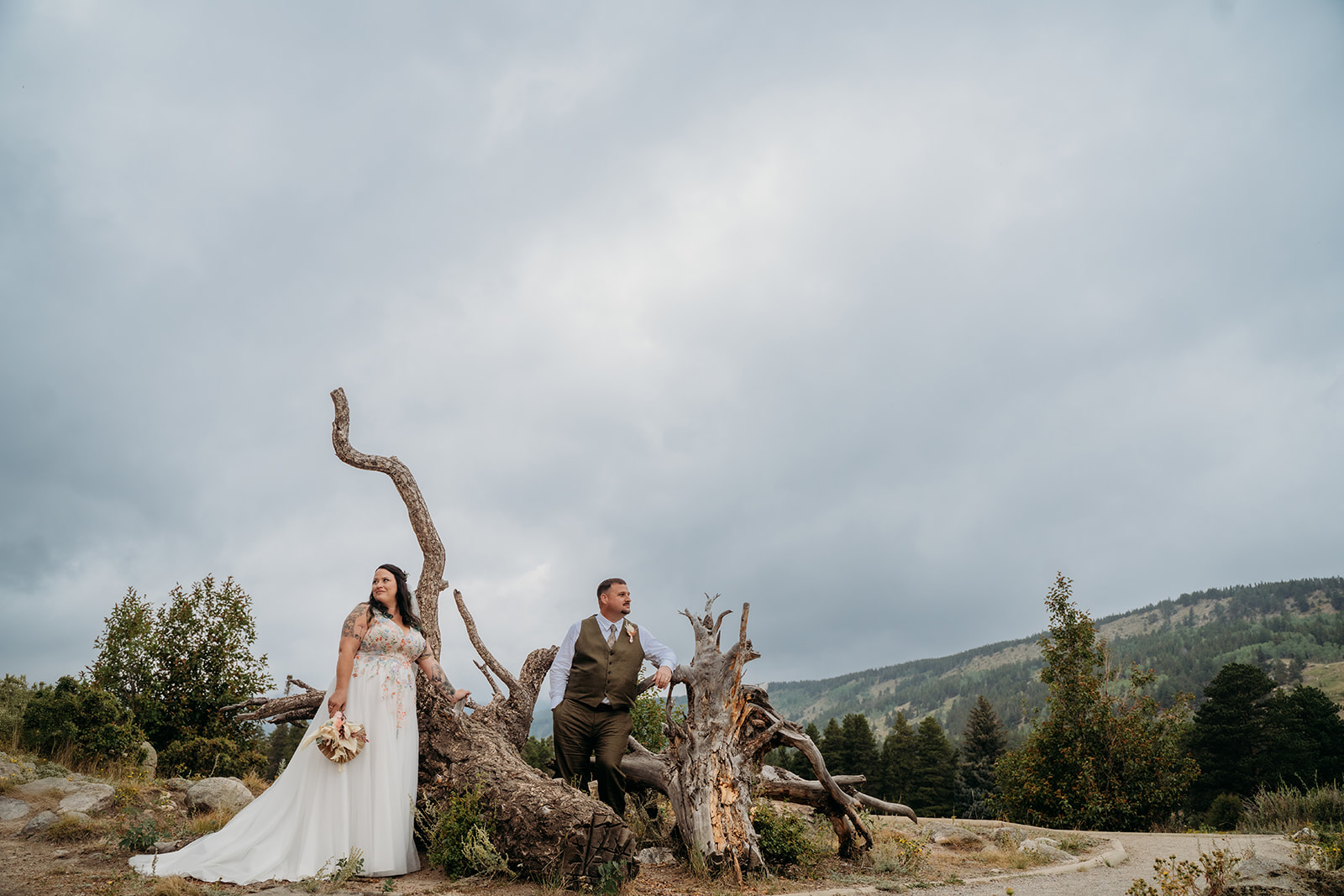 Bride and groom strike a relaxed pose beside a gnarled tree trunk, bringing a sense of natural beauty and adventure to their wedding portraits.