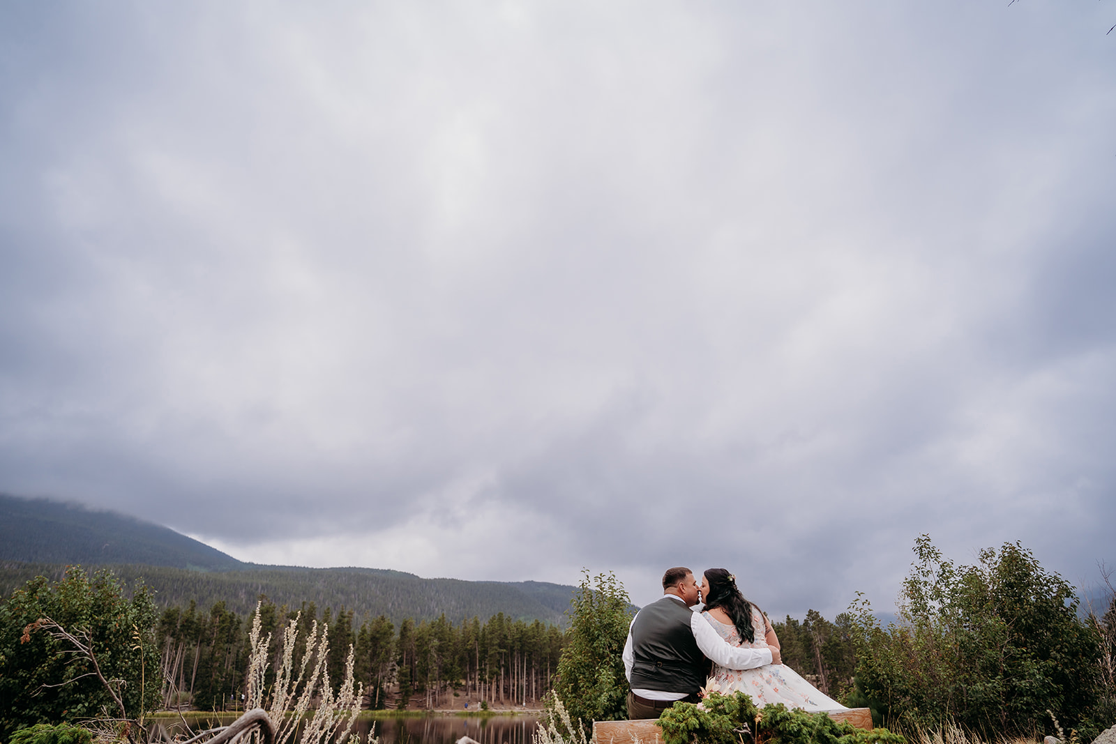 Couple shares a kiss while seated, framed by towering trees and dramatic skies during their intimate wedding celebration.