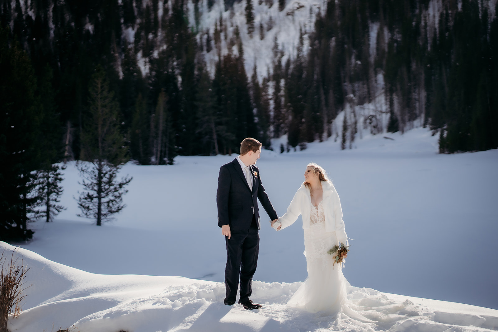 Bride in a fitted dress and faux fur jacket holding hands with her groom, framed by a frozen alpine lake and forest—classic winter wedding outfits.