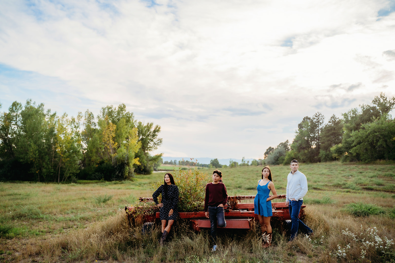 A family of four stands confidently around an old rusty farm cart, surrounded by open fields and morning light.