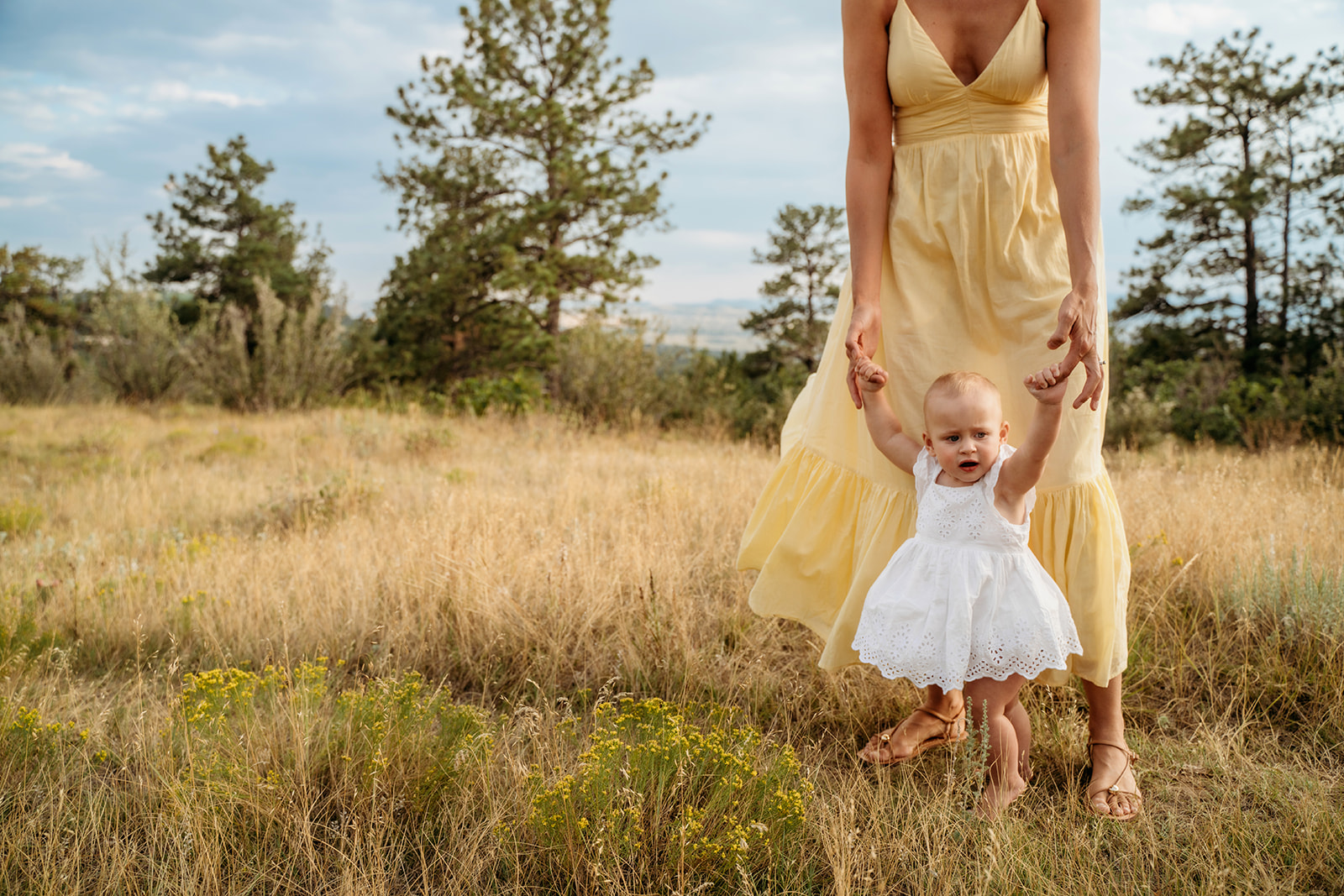 Baby girl learning to walk while holding her mother’s hands in a golden Colorado field.