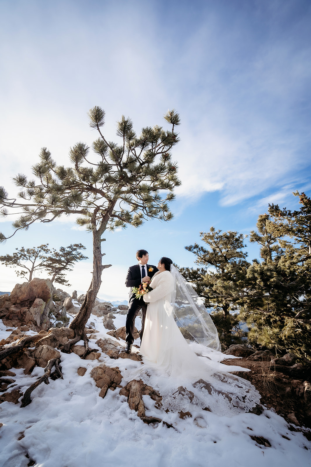 Bride and groom share a private moment under a pine tree with snow all around them.