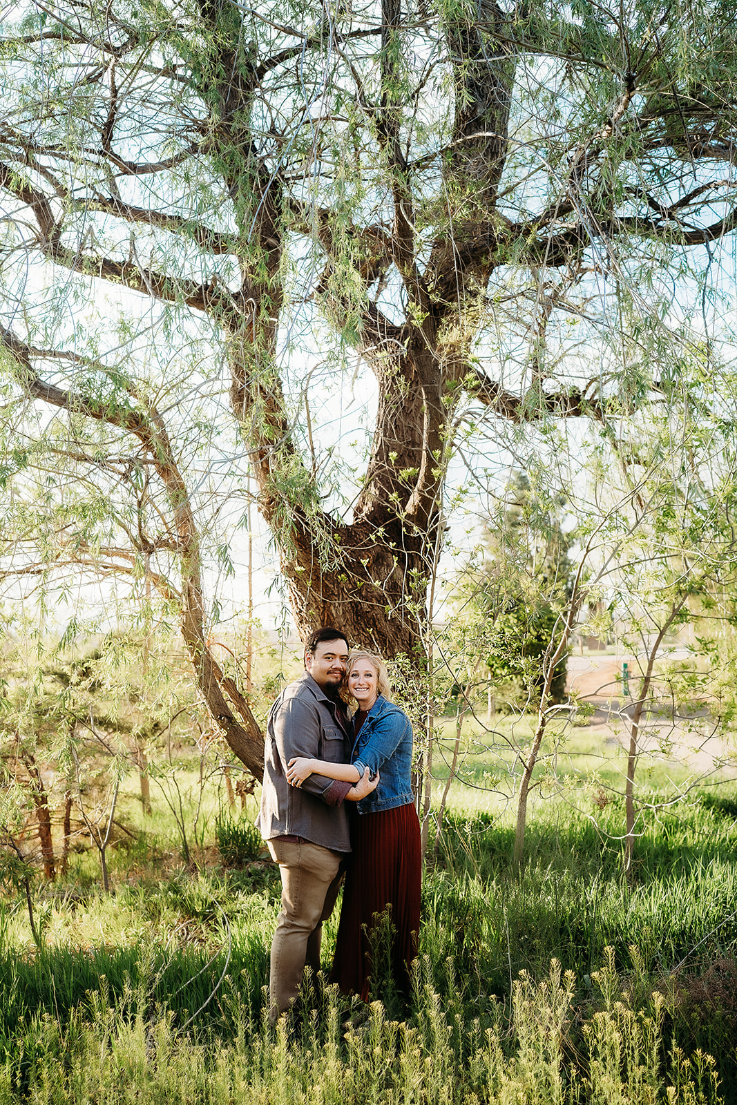 Couple embracing under a towering tree in a sunlit meadow, smiling warmly at the camera—Denver engagement photographer.